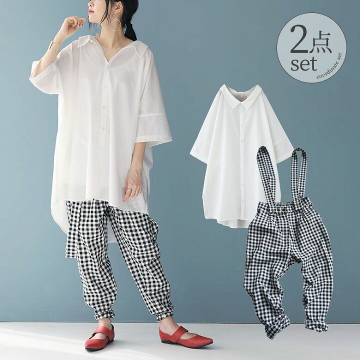 楽天市場 送料無料 数量限定 格好可愛いカジュアルモードコーデ2点set 福袋 22 レディース 2点セット 春夏秋 トップス オーバーシャツ ドルマン パンツ ロング丈 ギンガムチェック サスペンダー 返品 交換不可 メール便不可 オシャレウォーカー