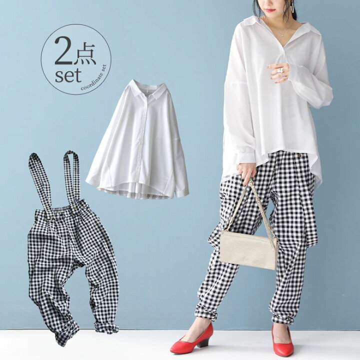 楽天市場 送料無料 数量限定 爽やかモノトーンコーデ2点set 福袋 22 レディース 2点セット 春夏秋 シャツ ブラウス 長袖 シアー パンツ ロング ギンガムチェック サスペンダー 返品 交換不可 メール便不可 オシャレウォーカー Osharewalker