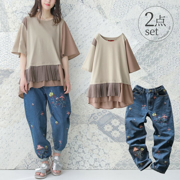 楽天市場 送料無料 数量限定 ふんわり大人可愛いスタイルコーデ2点set 福袋 22 レディース 2点セット 春夏 Tシャツ カットソー 半袖 異素材 ロングパンツ デニム ストレート 刺繍 花柄 返品 交換不可 メール便不可 オシャレウォーカー Osharewalker