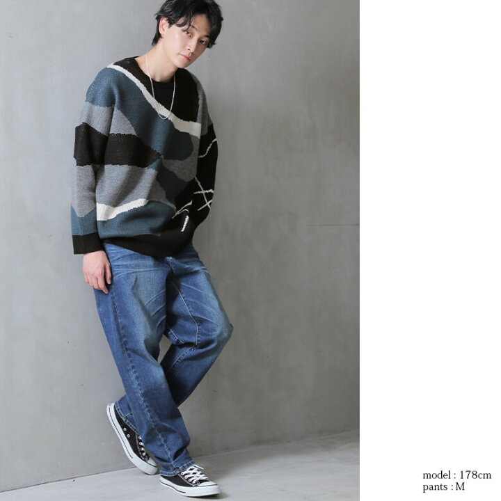 楽天市場 送料無料 数量限定 個性派デザインニット デニムコーデ2点set 福袋 22 メンズ 2点セット 秋冬 ニット 長袖 トップス アシンメトリー デニムパンツ サルエル ボトムス 返品 交換不可 メール便不可 オシャレウォーカー Osharewalker
