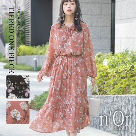 【全品送料無料】【感謝価格】『花柄ティアードワンピース』[n'OrLABEL ワンピース レディース 春秋冬 ロング ティアードワンピース 長袖 キーネック リボン 花柄 フラワー 中花柄 ブラウジング シフォン 透け感]※返品交換不可※【メール便不可】【20】