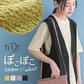 『表面感ぽこぽこ素材Tシャツ』[n'OrLABEL Tシャツ トップス レディース 春夏 カットソー 半袖 五分袖 凹凸感 ぽこぽこ 立体感 ニュアンスカラー]※返品交換不可※※メール便可※【10】