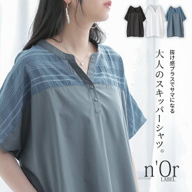 【全品送料無料】『シアーチェック柄切替ブラウス』[n'OrLABEL スキッパーブラウス レディース 春夏 トップス 半袖 シャツ プルオーバー キーネック ボタン シアー 透け感 無地 チェック柄 ドルマン スリット 大人カジュアル]※メール便可※【5】