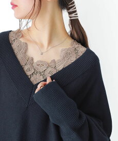 カットソー ロンT レディース トップス インナー 長袖 レース 2way Uネック Vネック 綿100％ 伸縮性 ゆったり 楽ちん 大きいサイズ レイヤード 重ね着 秋 冬 春 オシャレウォーカー※メール便可※【10】