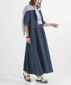 UVカット UV デニムワンピース ロング レディース ワンピース 半袖 五分袖 クルーネック 接触冷感 遮熱効果 抗菌防臭 ストレッチ 無地 レイヤード 紫外線対策 春 夏 オシャレウォーカー【メール便不可】【20】