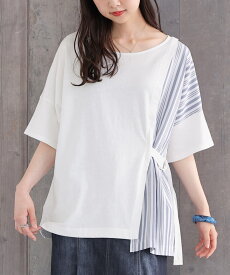 【全品送料無料】『アシンメトリー切替ストライプTシャツ』[n'OrLABEL Tシャツ レディース トップス 春夏 カットソー 半袖 五分袖 アシンメトリー ストライプ柄 無地 綿100％ コットン サイドベルト 配色 切替]※メール便可※【10】