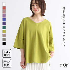 【新色登場】『汗ジミ防止ゆるっとVネックTシャツ』[n'OrLABEL Tシャツ レディース 春夏 半袖 カットソー Vネック 無地 五分袖 七分袖 綿100% コットン シンプル 着回し 汗ジミ防止シリーズ]※メール便可※【10】