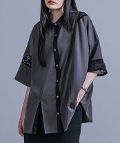 CLOVE ブラック 異素材切り替え ブラウス 五分袖 店頭人気】異素材切替 