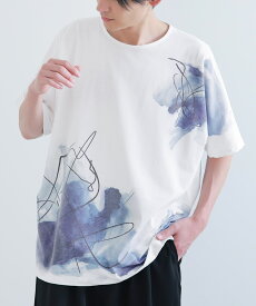 『線画×ペイント風Tシャツ』[kOhAKU Tシャツ メンズ ユニセックス 春夏 トップス カットソー 半袖 五分袖 ドルマン アシンメトリー 線画 ペイント デザインTシャツ 配色 タック ヨーク]※メール便可※【10】