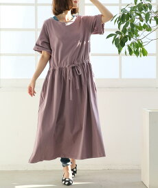 フレアワンピース 半袖 五分袖 レディース ワンピース ロング 汗じみ防止 汗ジミ 汗染み 吸水 撥水 コットン100％ Vネック Aライン ギャザー 着回し 春 夏 オシャレウォーカー【メール便不可】【20】