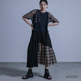 【送料無料】『メッシュTシャツ×チェック柄切替タンクワンピースセット』[kOhAKU ワンピース レディース セット トップス ノースリーブ 半袖 Tシャツ ロング丈 レイヤード 重ね着]【メール便不可】【20】