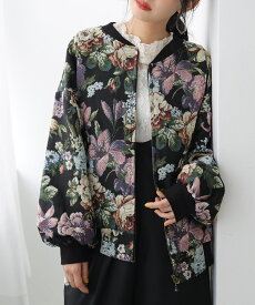 【全品10%OFF 11/16 23:59迄】ブルゾン ジャケット アウター レディース 春 秋 冬 ショート丈 羽織 長袖 パフ袖 ノーカラー ゴブラン ドルマン ボリューム ヴィンテージ 花柄 レトロ アンティーク 着回し オシャレウォーカー【メール便不可】【20】