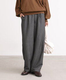 ワイドストレートパンツ レディース ボトムス パンツ ピンストライプ ストレートパンツ ワイドパンツ ロングパンツ ウエストゴム 配色 ポケット フルレングス 10分丈 オシャレウォーカー※メール便可※【10】