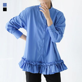 ブラウス レディース トップス シャツ 長袖 フリル 綿混 スタンドカラー レイヤード 重ね着 ボタンシャツ 体型カバー 二の腕カバー 春 秋 冬 オシャレウォーカー【メール便不可】【20】