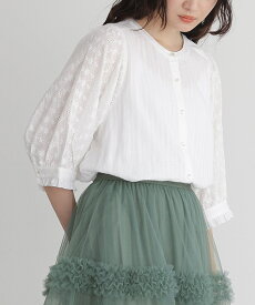 ブラウス レディース 春夏 トップス シャツ ボタンシャツ 前開きシャツ 七分袖 バンドカラー パフスリーブ ぽわん袖 コットンレース 無地 綿100％ ボリューム袖 フリル 異素材MIX 春 夏 オシャレウォーカー※メール便可※【10】