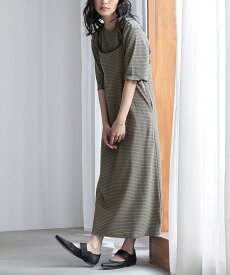ワンピース 2点セット レディース 春 夏 ドレス ネイビー ブルー カーキ S-3L ロング セットアップ カットソー 半袖 Tシャツ キャミワンピ ボーダー リブ レイヤード 重ね着 大きいサイズ オシャレウォーカー【メール便不可】【30】