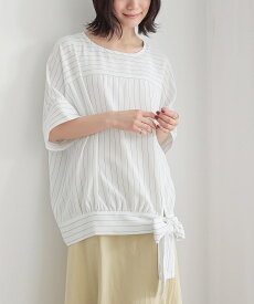 シャツ ブラウス レディース トップス プルオーバー 半袖 五分袖 クルーネック 折り返し袖 ドロップショルダー ギャザー リボン ストライプ柄 二の腕カバー ギャザー 切替 ゆったり 春 夏 オシャレウォーカー※メール便可※【10】