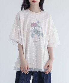 カットソー レディース 夏 接触冷感 Tシャツ 半袖 トップス S-3L チュール ドット柄 水玉柄 異素材 フリル ローズ柄 花柄 春 オシャレウォーカー※メール便可※【10】