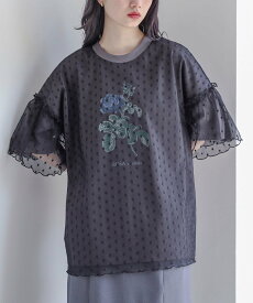 カットソー レディース トップス 接触冷感 冷感 Tシャツ 半袖 チュール ドット柄 水玉柄 異素材 フリル ローズ柄 花柄 春 夏 オシャレウォーカー※メール便可※【10】