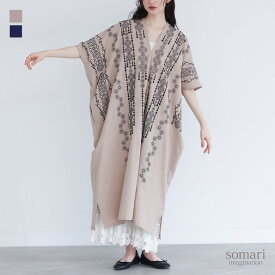 【送料無料】綿100％ ワンピース レディース コットン100％ コットンワンピ ロング丈 半袖 Vネック 刺繍 配色 無地 スリット 落ち感 レイヤード 重ね着 ゆったり 大きめ 楽ちん 春 夏 オシャレウォーカー【メール便不可】【20】