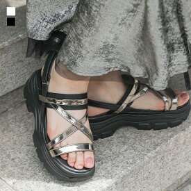 サンダル レディース 靴 シューズ デザインサンダル 厚底 ストラップ メタリック マジックテープ 調節可能 歩きやすい クッション性 カジュアル きれいめ モード 春 夏 オシャレウォーカー【メール便不可】【60】