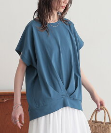 カットソー レディース トップス 半袖 フレンチスリーブ 汗じみ防止 Tシャツ 綿100％ タックデザイン クルーネック ミドル丈 無地 機能性アイテム ビッグサイズ お尻が隠れる 夏 オシャレウォーカー※メール便可※【10】