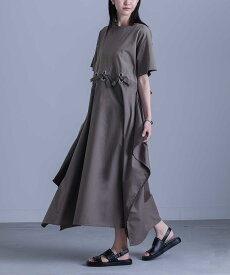 ワンピース レディース ドレス ロング丈 半袖 アシンメトリー アシメ ハトメ リボン カットソー シャツ生地 ロングワンピ マキシ丈 切替 春 夏 オシャレウォーカー【メール便不可】【30】
