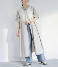シャツワンピース レディース ドレス 半袖 ロング丈 半袖ワンピース ロングワンピース ジャカード 異素材 透け感 ジャガード 折り返し袖 シャツ 調節できる 調整可能 春 夏 オシャレウォーカー【メール便不可】【20】