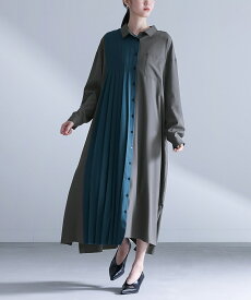 ワンピース 長袖 レディース ドレス ロングワンピース シャツワンピース 配色 プリーツ 羽織 レイヤード 重ね着 スリット 落ち感 マキシワンピース シャツワンピ 襟付き アシメ 秋 冬 春 オシャレウォーカー【メール便不可】【20】