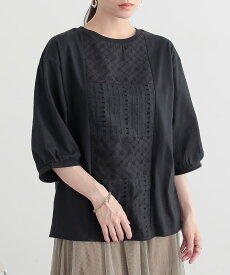 【クーポンで20%OFF 4/19 23:59迄】カットソー 七分袖 五分袖 レディース トップス 汗じみ防止 汗じみ Tシャツ レース ぽわん袖 小花柄 幾何学柄 綿100％ ゆったり チュニック クルーネック レイヤード 秋 夏 春 オシャレウォーカー※メール便可※【10】
