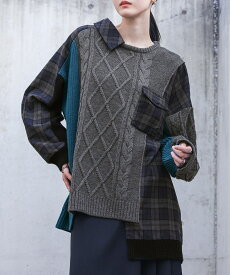 【20%OFF】【送料無料】ニット 長袖 レディース トップス セーター プルオーバー アシンメトリー アシメ 異素材 ドッキング ケーブルニット チェック柄 無地 ゆったり 秋 冬 オシャレウォーカー◇【メール便不可】【30】