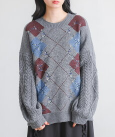 ニット 長袖 レディース トップス セーター アーガイル柄 刺繍 花柄 小花柄 クルーネック ケーブル編み カノコ編み ケーブルニット アーガイルニット プルオーバー ざっくりニット 秋 冬 オシャレウォーカー【メール便不可】【30】