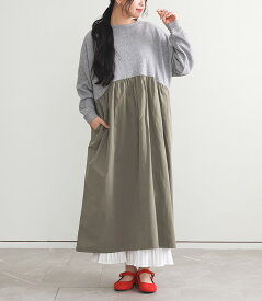 【送料無料】 ワンピース レディース 春 秋 冬 長袖 異素材 切替え ギャザー バイカラー ニット ウール混 あったか 微起毛 体型カバー クルーネック nachukara ナチュカラ OUKA オウカ【メール便不可】【30】