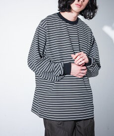 カットソー 長袖 メンズ トップス ロンT クルーネック プルオーバー ボーダー柄 無地 リップル生地 ストレッチ オーバーサイズ 秋 冬 オシャレウォーカー【メール便不可】【20】