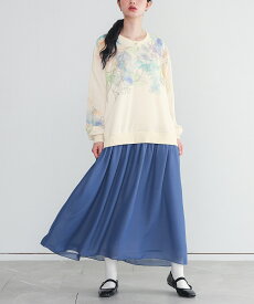 ドッキングワンピース 長袖 レディース ワンピース ロング丈 スウェット スエット シフォンスカート 配色 花柄 トレーナー プルオーバー スカート ロングスカート 春 秋 オシャレウォーカー【メール便不可】【30】