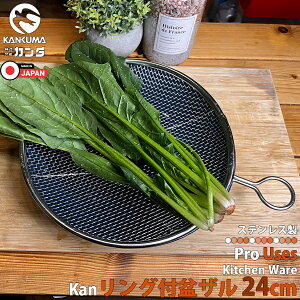 カンダ リング付 盆ザル 24cm 日本製 ステンレス 燕三条 盆ざる 平ザル 食洗器対応 洗う すくう 水切り 湯切り 油切り 下ごしらえ 仕込み 衛生的 下準備 取っ手付き 調理器具 厨房 キッチン用