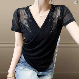 Tシャツ 女性用 トップス Vネック 半袖 プリント ヒョウ柄 刺繍 レース 光沢 ブラック ローズゴールド プリンセス スリムフィット 伸縮性 接触冷感 春夏