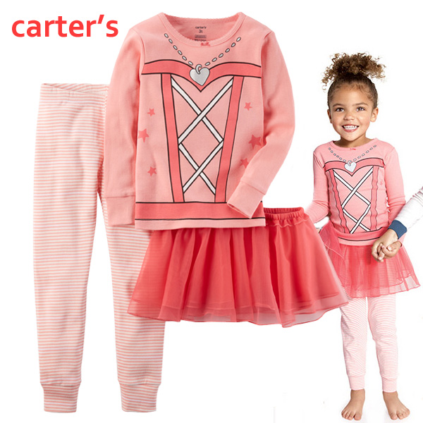 セール カーターズ Carter's パジャマ 上下セットアップ 3点セット 長袖Ｔシャツ パンツ チュールスカート 女の子用 ピンク 12m-5T