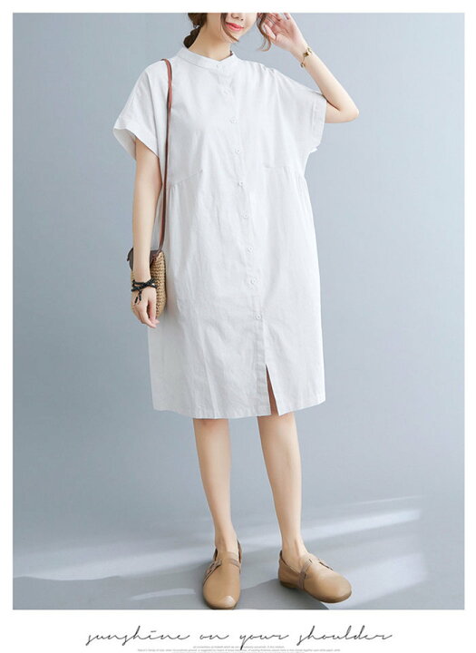 ワンピース チュニック シャツワンピース ロングシャツ 無地 半袖 レディース uネック 夏 白シャツ ホワイトシャツ 膝丈 ロング aライン 体型カバー 30代 40代