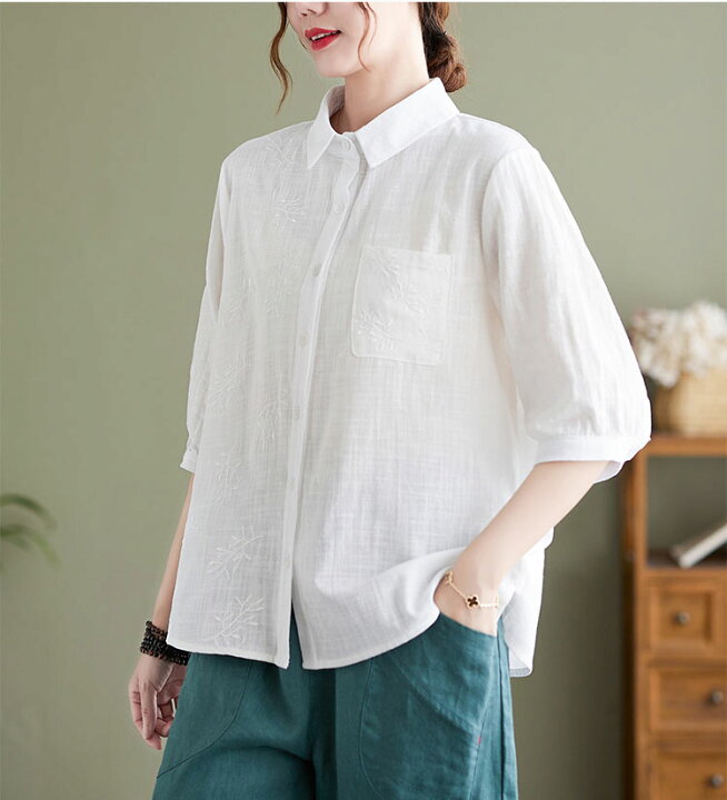 楽天市場】刺繍シャツ レディース 綿 麻 シャツ 半袖シャツ 春 