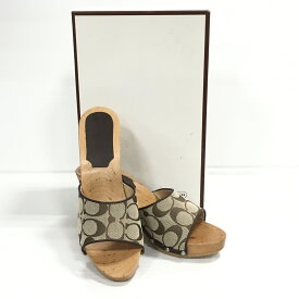 【送料無料】COACH Brenda LG Logo Calf Sandals A0870 / コーチ ブレンダ シグネチャーウッドサンダル　ミュール　レディース　カーキ　size：7(約24cm)【中古】【006】