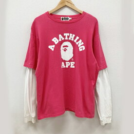【中古】A BATHING APE｜アベイシングエイプ COLLEGE LAYERED L/S TEE 長袖Tシャツ ピンク/ホワイト サイズ：XL【f103】