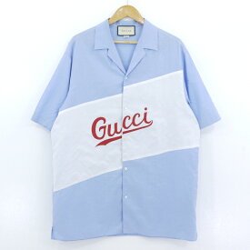 【中古】GUCCI｜グッチ OVERSIZED VACATION SHIRT　半袖シャツ　刺繍　ロゴ　オーバーサイズ ブルー サイズ：52【f108】
