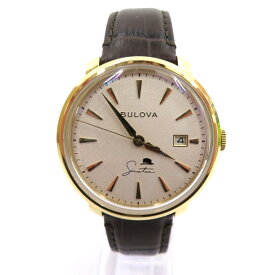 【中古】BULOVA｜ブローバ フランク・シナトラ コレクション ゴールドダイヤル アナログ自動巻き 腕時計　97B200 ベージュ(文字盤)×ブラウン(ベルト)【f131】