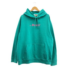 【中古】AWEKE メタリックピンクロゴプリントパーカー サイズL 緑[91]