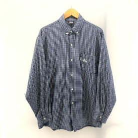 【中古】STUSSY 90s USA製 紺タグ ボタンダウンチェックシャツ サイズL ネイビー　ステューシー[24]