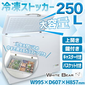 冷凍庫 業務用 250L 冷凍ストッカー 冷凍ショーケース ガラス窓付き 業務用冷凍庫 冷蔵庫 大型 大容量 7段階調節 チェスト 鍵付き 上開き スリム ノンフロン 送料無料 ###ストッカT250-G##
