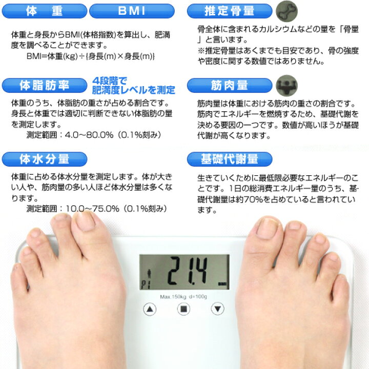 人気TOP 体重計 安い 体脂肪率 シンプル 体組成計 体脂肪計 体重 BMI 体水分量 推定骨量 筋肉量 基礎代謝量 FEF-I18 SIS 