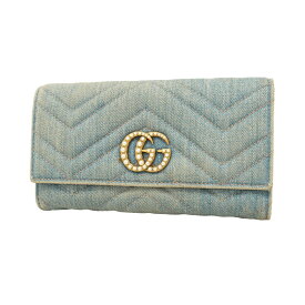 【5gb2114-h】グッチ 長財布 GGマーモント 443436 デニム ブルー ゴールド金具【中古】レディース