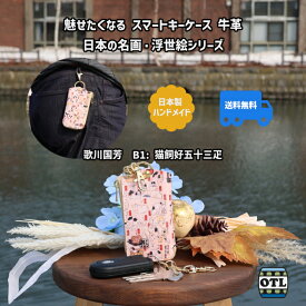 小樽スリーレザー 魅せたくなる スマートキーケース キーケース 牛革 日本の名画 浮世絵 シリーズ 葛飾北斎 歌川国芳 猫 波 富士 本革 レザー メンズ レディース スマートキー 新入荷